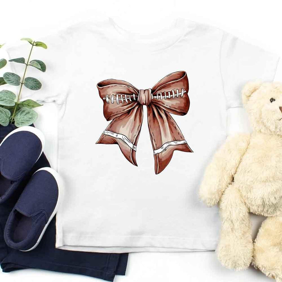 May include a white color kids' t-shirt with a football bow design
