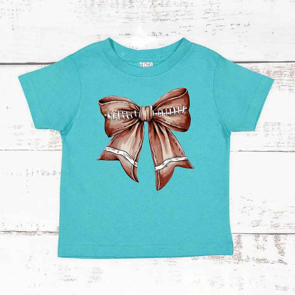 May include a carribean color kids' t-shirt with a football bow design