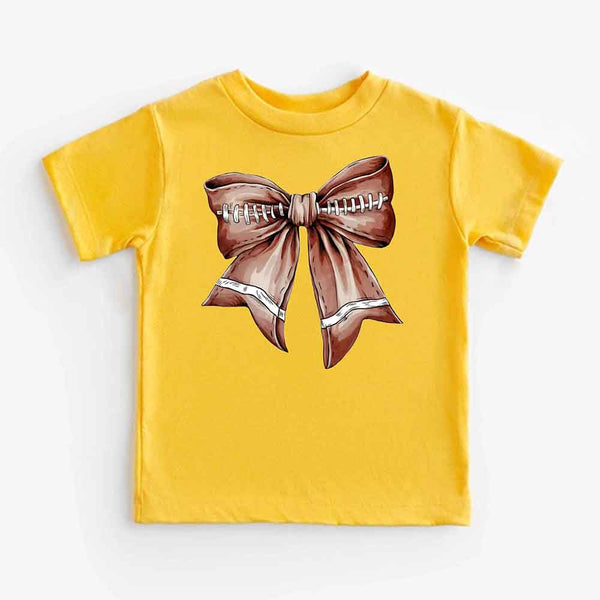 May include a yellow color kids' t-shirt with a football bow design