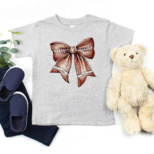 May include a gray color kids' t-shirt with a football bow design.
