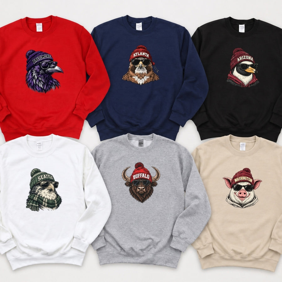 May include a Vintage Football Season Mascots City Unisex Sweatshirt featuring a retro-inspired football mascot and city design.