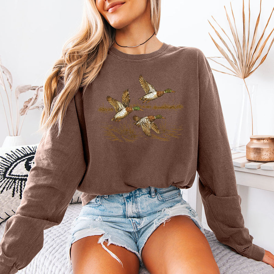May include Wild Mallard Ducks Comfort Colors long sleeve with mallard duck graphic, relaxed unisex fit, and garment-dyed cotton