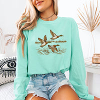 May include Wild Mallard Ducks Comfort Colors long sleeve with mallard duck graphic, relaxed unisex fit, and garment-dyed cotton