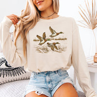 May include Wild Mallard Ducks Comfort Colors long sleeve with mallard duck graphic, relaxed unisex fit, and garment-dyed cotton