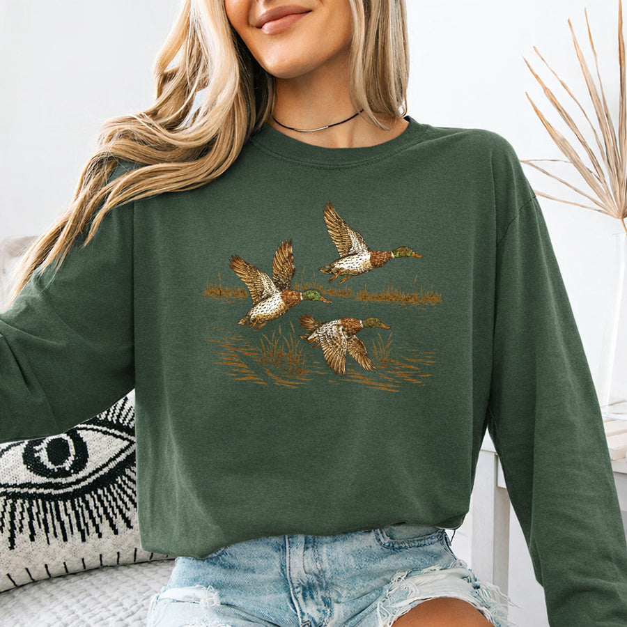 May include Wild Mallard Ducks Comfort Colors long sleeve with mallard duck graphic, relaxed unisex fit, and garment-dyed cotton
