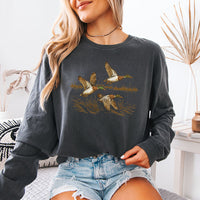 May include Wild Mallard Ducks Comfort Colors long sleeve with mallard duck graphic, relaxed unisex fit, and garment-dyed cotton