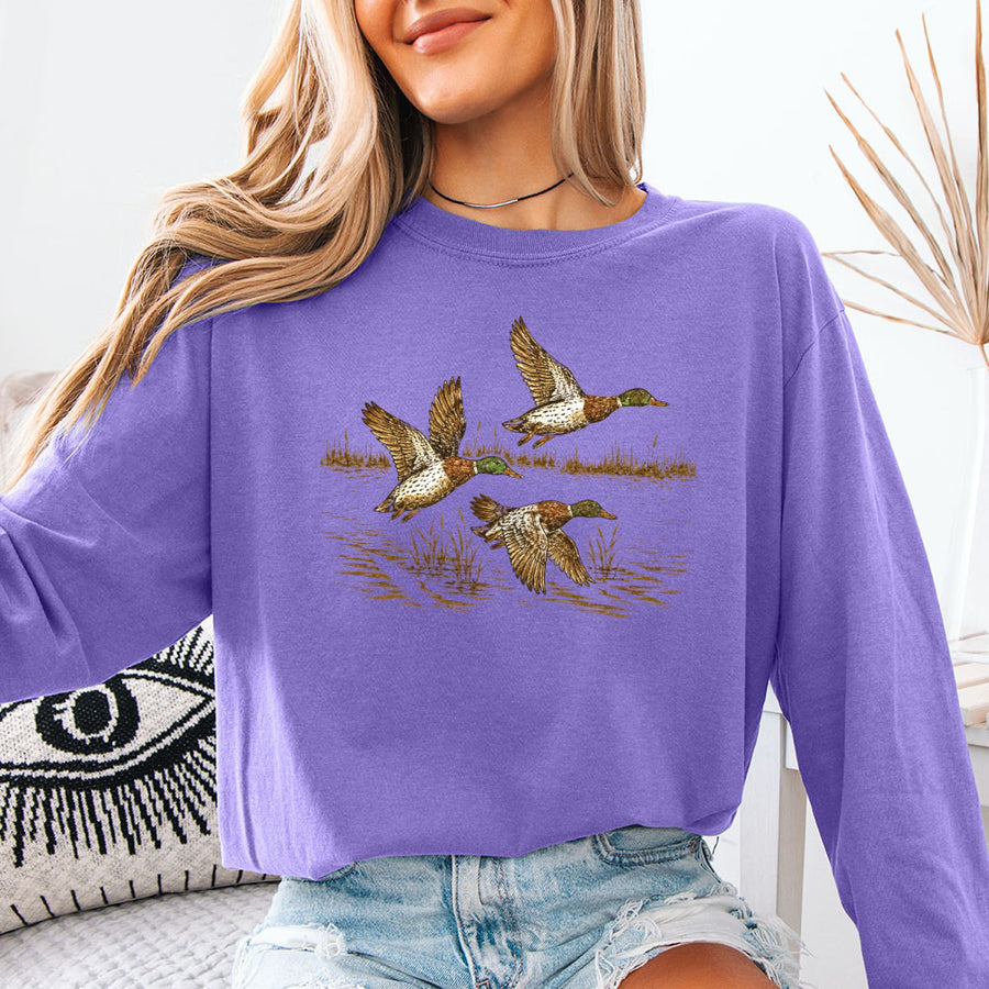 May include Wild Mallard Ducks Comfort Colors long sleeve with mallard duck graphic, relaxed unisex fit, and garment-dyed cotton