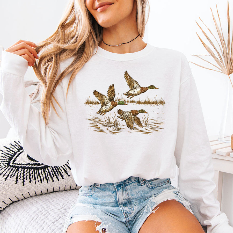 May include Wild Mallard Ducks Comfort Colors long sleeve with mallard duck graphic, relaxed unisex fit, and garment-dyed cotton