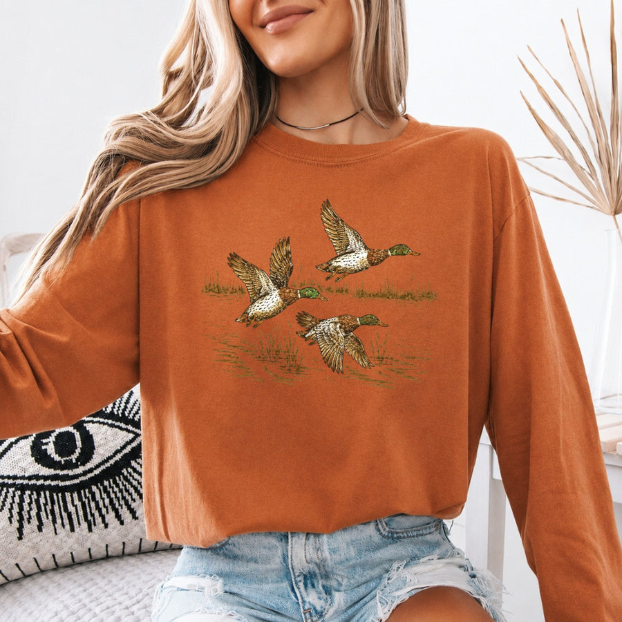 May include Wild Mallard Ducks Comfort Colors long sleeve with mallard duck graphic, relaxed unisex fit, and garment-dyed cotton