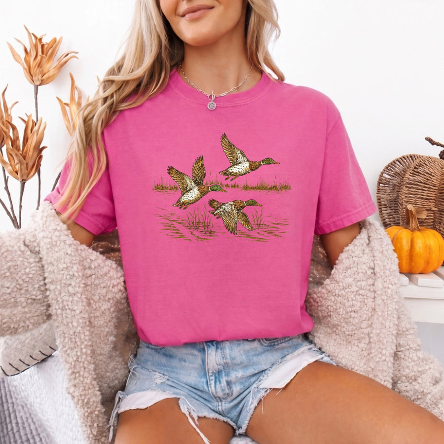 May include a Wild Mallard Ducks Comfort Colors T-Shirt featuring a nature-inspired mallard duck design, perfect for birdwatchers, duck lovers, wildlife fans, and outdoor enthusiasts.