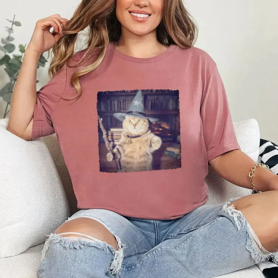 May include a Halloween t-shirt with a funny wizard cat meme graphic, combining magical and spooky design elements for cat lovers.