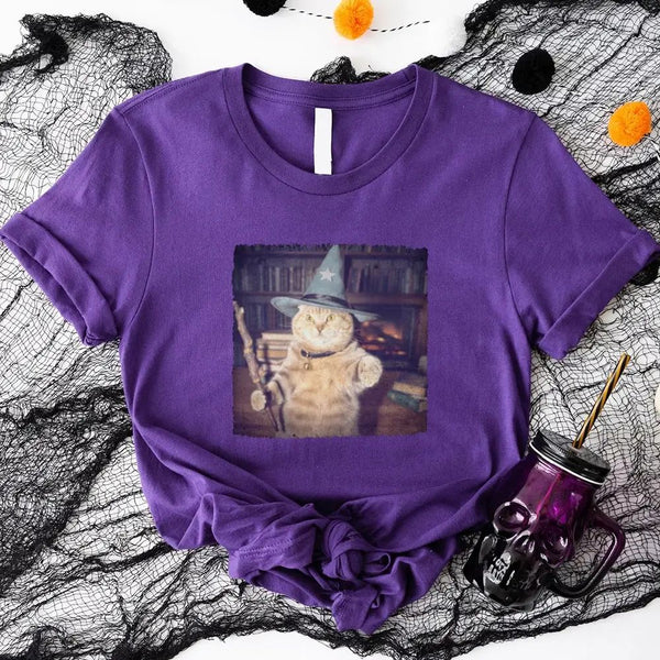 May include a Halloween t-shirt with a funny wizard cat meme graphic, combining magical and spooky design elements for cat lovers.