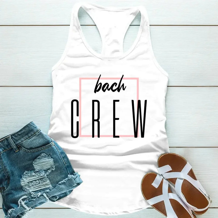 May include White a Bach Crew Bride To Be tank top in soft, breathable fabric, perfect for bachelorette parties, bridal showers, and pre-wedding celebrations.