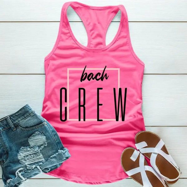 May include Pink a Bach Crew Bride To Be tank top in soft, breathable fabric, perfect for bachelorette parties, bridal showers, and pre-wedding celebrations.