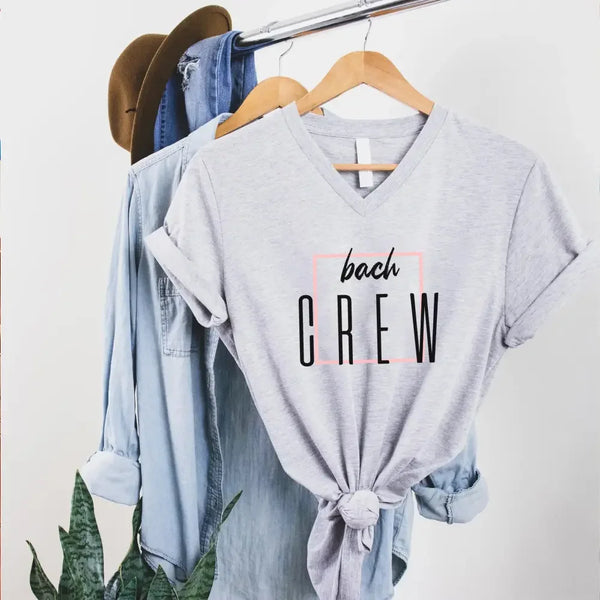 May include Bach Crew Bride To Be Party Bachelorette V-Neck T-Shirt, with matching designs for the bride and bridal squad.