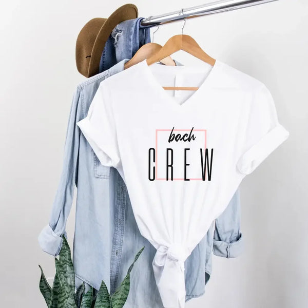 May include Bach Crew Bride To Be Party Bachelorette V-Neck T-Shirt, with matching designs for the bride and bridal squad.
