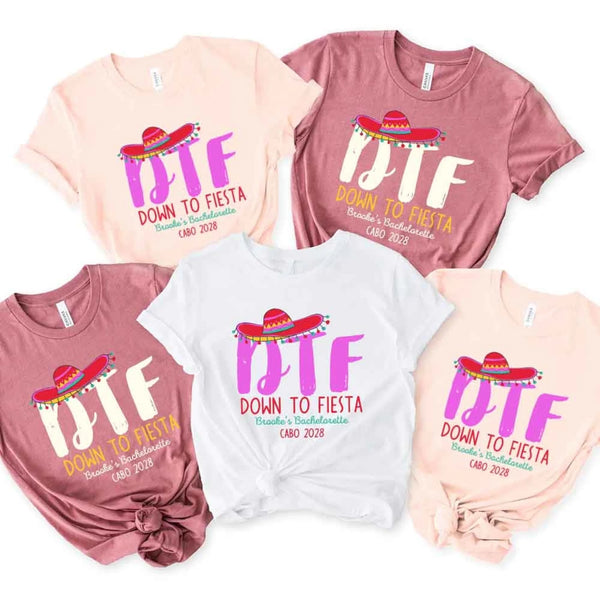May include  Mexico fiesta custom bridal bachelorette party T-shirts, vibrant celebratory design, tropical party vibe, bridal squad wearing matching themed outfits enjoying festive gathering!