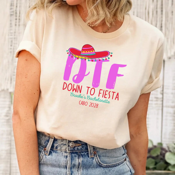 May include Cream Mexico fiesta custom bridal bachelorette party T-shirts, vibrant celebratory design, tropical party vibe, bridal squad wearing matching themed outfits enjoying festive gathering!