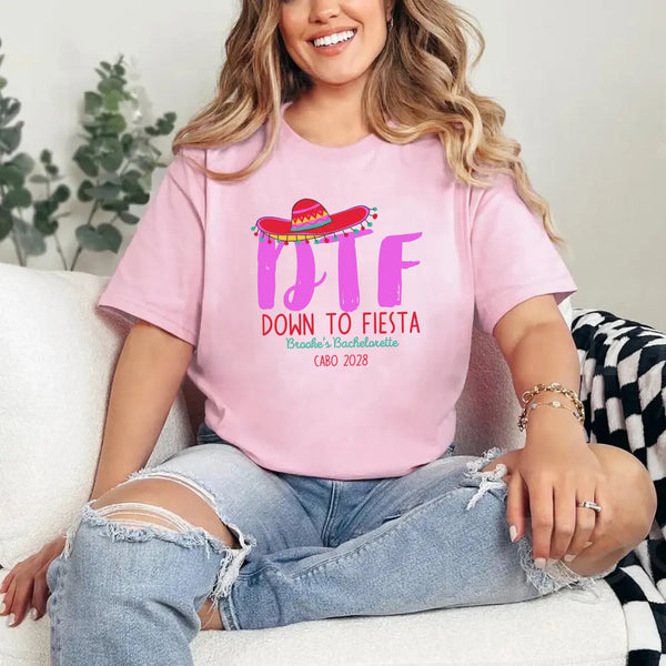 May include Pink Mexico fiesta custom bridal bachelorette party T-shirts, vibrant celebratory design, tropical party vibe, bridal squad wearing matching themed outfits enjoying festive gathering!