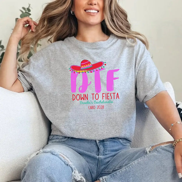 May include Grey Mexico fiesta custom bridal bachelorette party T-shirts, vibrant celebratory design, tropical party vibe, bridal squad wearing matching themed outfits enjoying festive gathering!