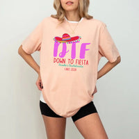 May include Peach Mexico fiesta custom bridal bachelorette party T-shirts, vibrant celebratory design, tropical party vibe, bridal squad wearing matching themed outfits enjoying festive gathering!