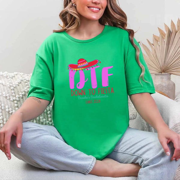 May include Green Mexico fiesta custom bridal bachelorette party T-shirts, vibrant celebratory design, tropical party vibe, bridal squad wearing matching themed outfits enjoying festive gathering!