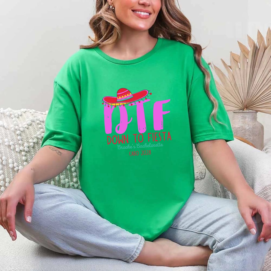 May include Green Mexico fiesta custom bridal bachelorette party T-shirts, vibrant celebratory design, tropical party vibe, bridal squad wearing matching themed outfits enjoying festive gathering!