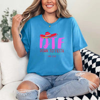May include Sapphire Mexico fiesta custom bridal bachelorette party T-shirts, vibrant celebratory design, tropical party vibe, bridal squad wearing matching themed outfits enjoying festive gathering!