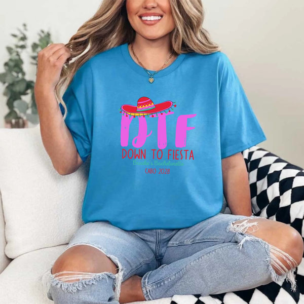 May include Sapphire Mexico fiesta custom bridal bachelorette party T-shirts, vibrant celebratory design, tropical party vibe, bridal squad wearing matching themed outfits enjoying festive gathering!