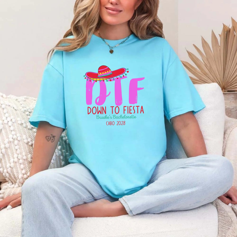 May include Turquoise Mexico fiesta custom bridal bachelorette party T-shirts, vibrant celebratory design, tropical party vibe, bridal squad wearing matching themed outfits enjoying festive gathering!