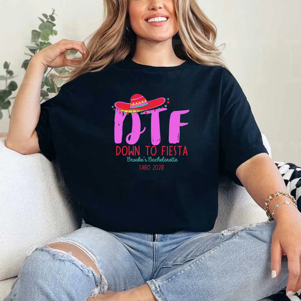 May include Black Mexico fiesta custom bridal bachelorette party T-shirts, vibrant celebratory design, tropical party vibe, bridal squad wearing matching themed outfits enjoying festive gathering!