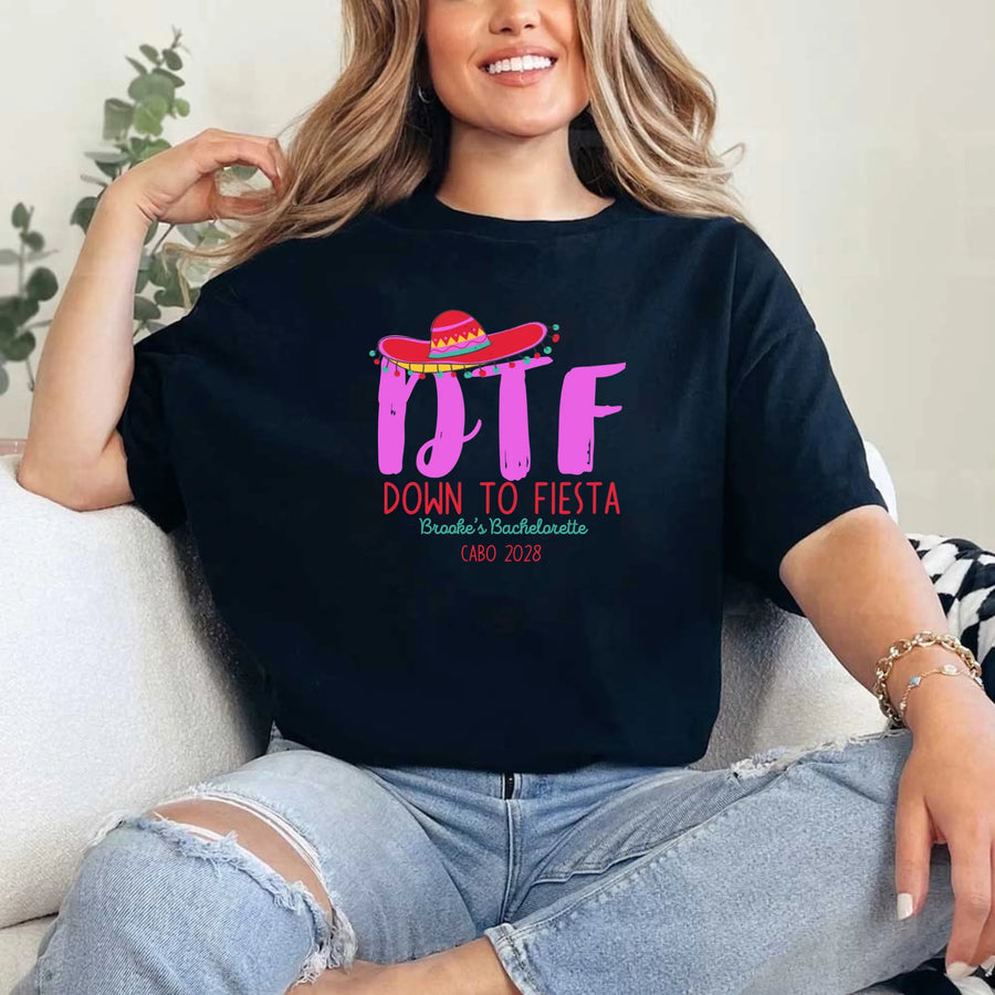 May include Black Mexico fiesta custom bridal bachelorette party T-shirts, vibrant celebratory design, tropical party vibe, bridal squad wearing matching themed outfits enjoying festive gathering!