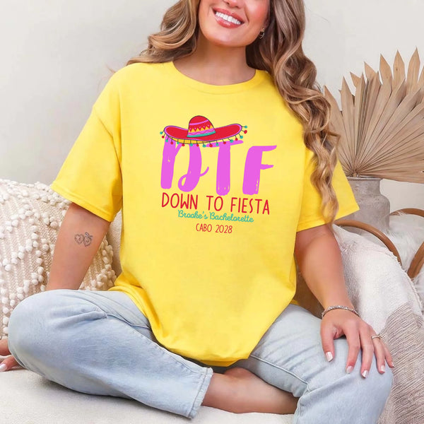 May include Daisy Mexico fiesta custom bridal bachelorette party T-shirts, vibrant celebratory design, tropical party vibe, bridal squad wearing matching themed outfits enjoying festive gathering!