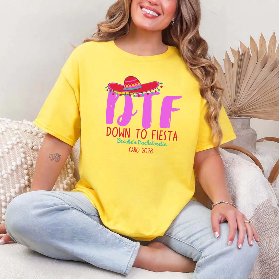 May include Daisy Mexico fiesta custom bridal bachelorette party T-shirts, vibrant celebratory design, tropical party vibe, bridal squad wearing matching themed outfits enjoying festive gathering!