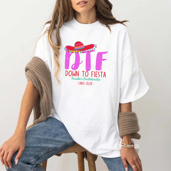 May include White Mexico fiesta custom bridal bachelorette party T-shirts, vibrant celebratory design, tropical party vibe, bridal squad wearing matching themed outfits enjoying festive gathering!