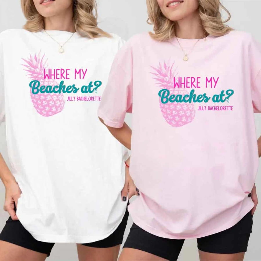 May include personalized Where My Beaches At bachelorette party shirt with palm tree design, beach bride squad tee, bridesmaid shirt, tropical girls trip outfit, and bridal celebration top.
