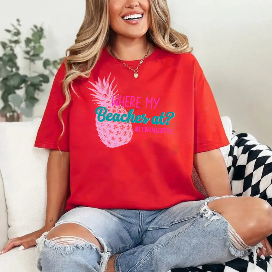 May include Red personalized Where My Beaches At bachelorette party shirt with palm tree design, beach bride squad tee, bridesmaid shirt, tropical girls trip outfit, and bridal celebration top.