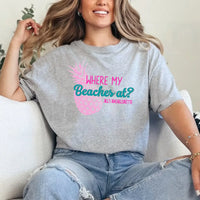 May include Grey personalized Where My Beaches At bachelorette party shirt with palm tree design, beach bride squad tee, bridesmaid shirt, tropical girls trip outfit, and bridal celebration top.