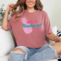 May include Mauve personalized Where My Beaches At bachelorette party shirt with palm tree design, beach bride squad tee, bridesmaid shirt, tropical girls trip outfit, and bridal celebration top.