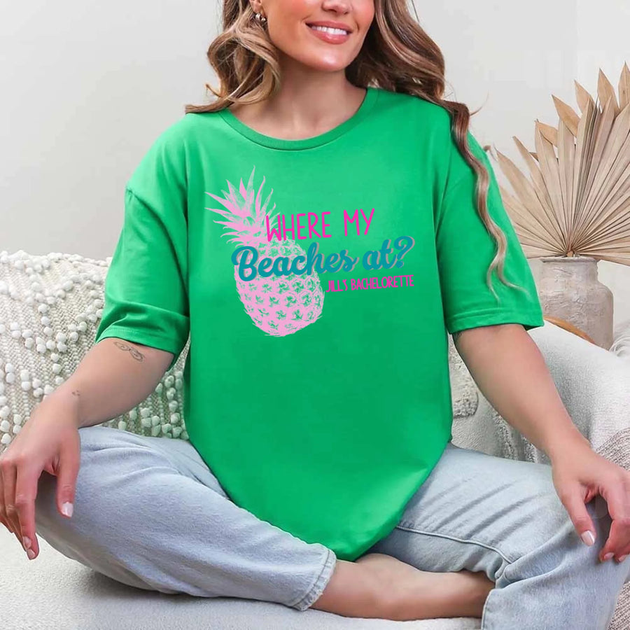 May include Green personalized Where My Beaches At bachelorette party shirt with palm tree design, beach bride squad tee, bridesmaid shirt, tropical girls trip outfit, and bridal celebration top.