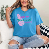 May include Sapphire personalized Where My Beaches At bachelorette party shirt with palm tree design, beach bride squad tee, bridesmaid shirt, tropical girls trip outfit, and bridal celebration top.