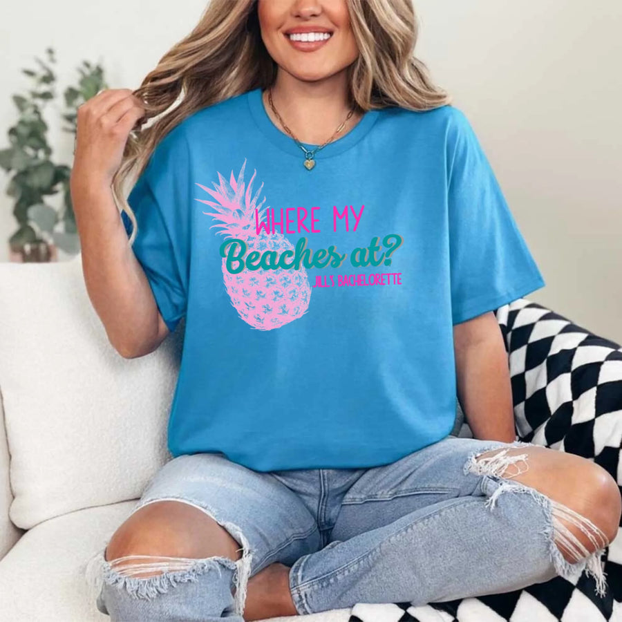May include Sapphire personalized Where My Beaches At bachelorette party shirt with palm tree design, beach bride squad tee, bridesmaid shirt, tropical girls trip outfit, and bridal celebration top.