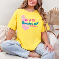 May include Daisy personalized Where My Beaches At bachelorette party shirt with palm tree design, beach bride squad tee, bridesmaid shirt, tropical girls trip outfit, and bridal celebration top.