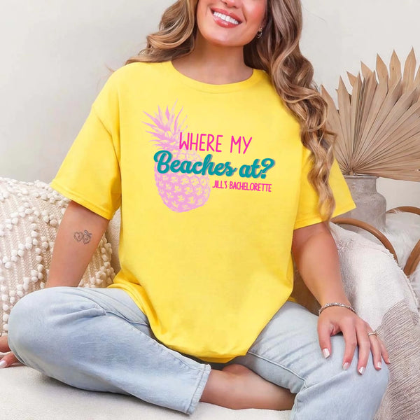 May include Daisy personalized Where My Beaches At bachelorette party shirt with palm tree design, beach bride squad tee, bridesmaid shirt, tropical girls trip outfit, and bridal celebration top.