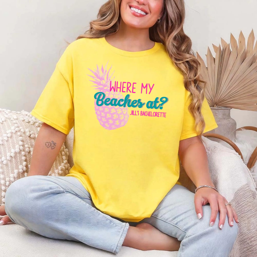 May include Daisy personalized Where My Beaches At bachelorette party shirt with palm tree design, beach bride squad tee, bridesmaid shirt, tropical girls trip outfit, and bridal celebration top.