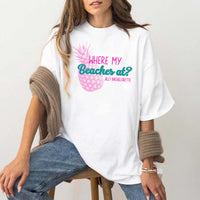 May include White personalized Where My Beaches At bachelorette party shirt with palm tree design, beach bride squad tee, bridesmaid shirt, tropical girls trip outfit, and bridal celebration top.