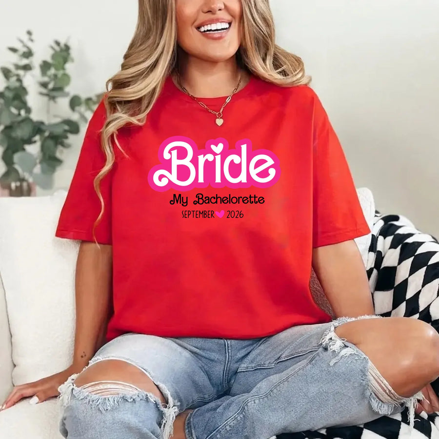May include Red, a custom design for a Bachelorette Party T-Shirt, featuring personalized text and vibrant colors, ideal for bridal party shirts.
