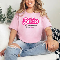 May include Pink, a custom design for a Bachelorette Party T-Shirt, featuring personalized text and vibrant colors, ideal for bridal party shirts.