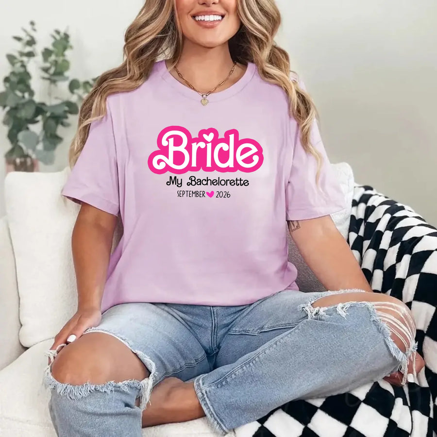 May include Lilac, a custom design for a Bachelorette Party T-Shirt, featuring personalized text and vibrant colors, ideal for bridal party shirts.