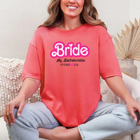 May include Coral Silk, a custom design for a Bachelorette Party T-Shirt, featuring personalized text and vibrant colors, ideal for bridal party shirts.
